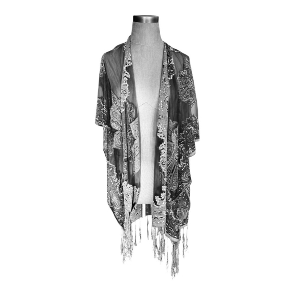 Women’s Swim Cover Up Top Burnout Kimono Sheer Fringe Open Front Duster Tunic - Picture 5 of 8